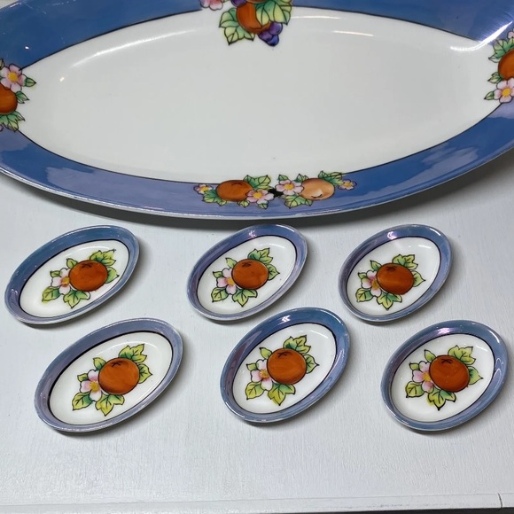 Noritake Lusterware Celery Dish & 6 Salt Dips Floral & Fruit Pattern, Japan Made - Picture 3 of 14